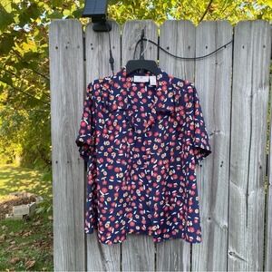 Worthington Essentials Vintage Navy Blue Floral Button Up Blouse Short Sleeve 12